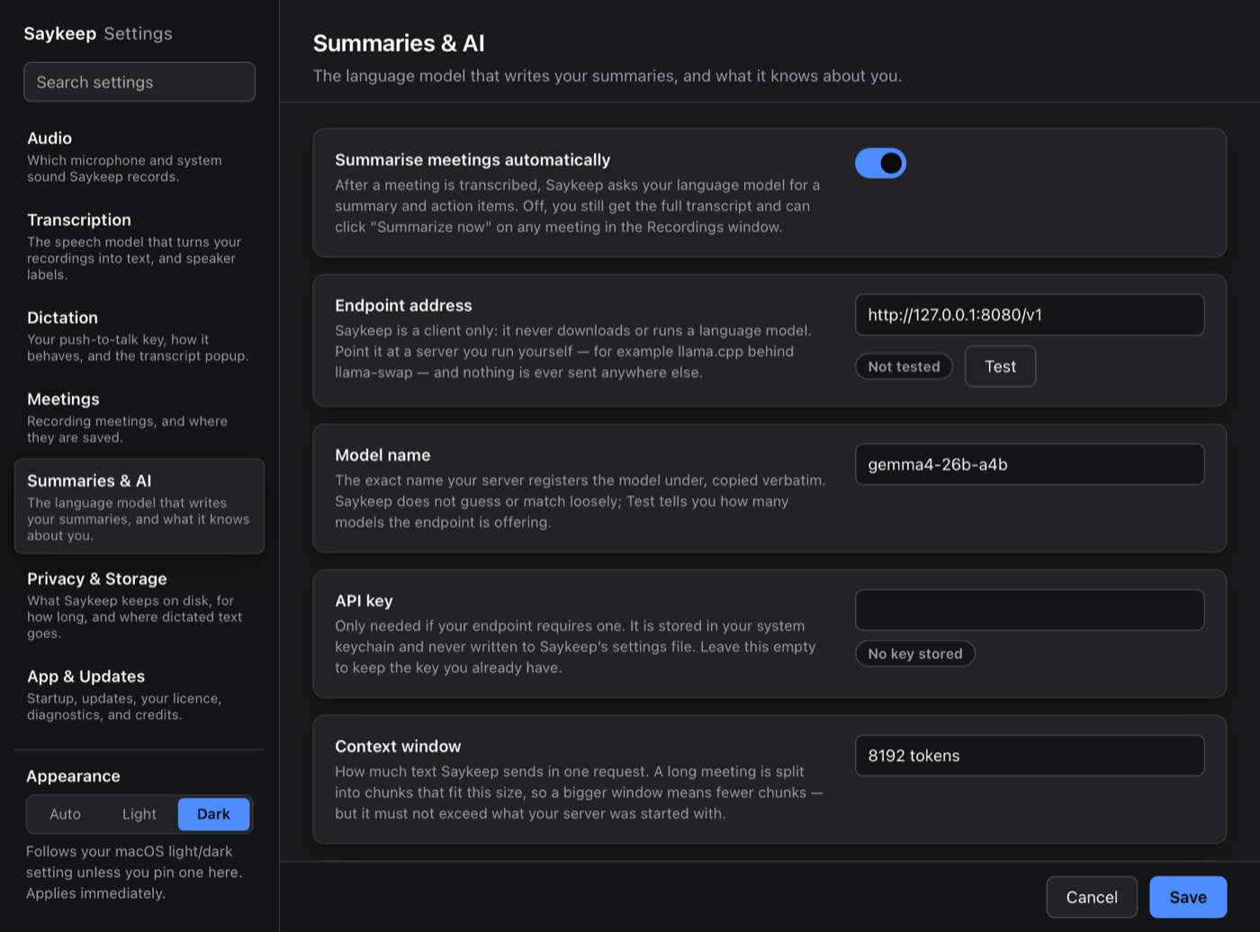 Saykeep Settings, Summaries & AI panel: a switch for automatic summaries, an endpoint address field with a Test button, a model name field, an API key field stored in the keychain, and a context window setting.